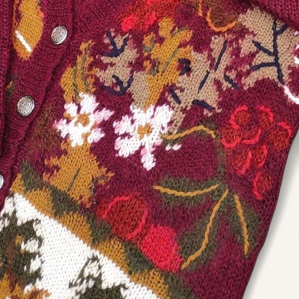 Vintage 90s Y2K Harvest Thanksgiving Burgundy Wool Blend Cardigan Casual Corner - Picture 4 of 12